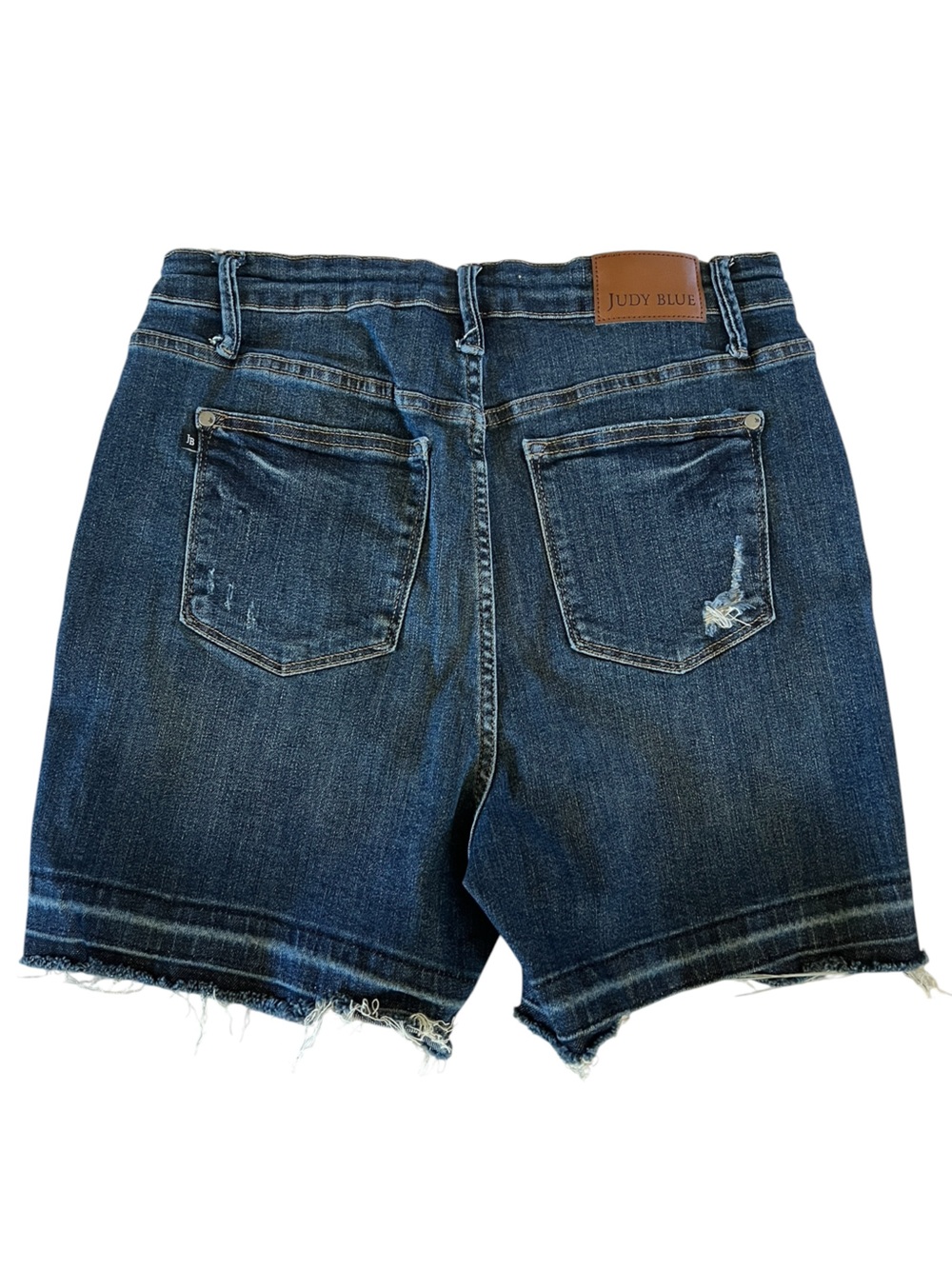 Judy Blue XL Dark Wash High Rise Distressed Raw Hem Denim Shorts - Picture 3 of 7